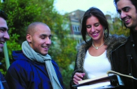 Students meeting outside library