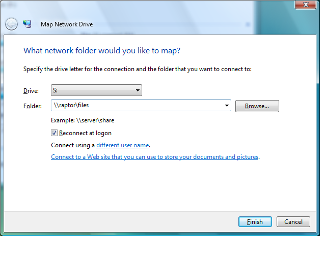 Dialog box for mounting a drive