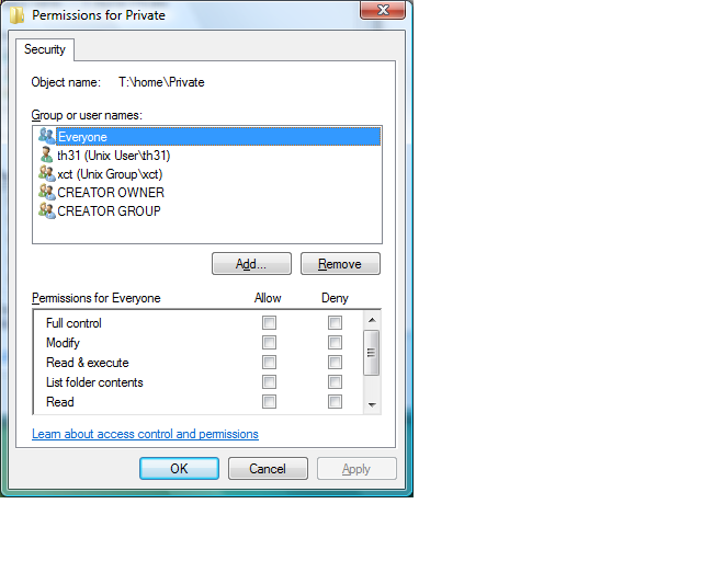 Properties for the Private folder